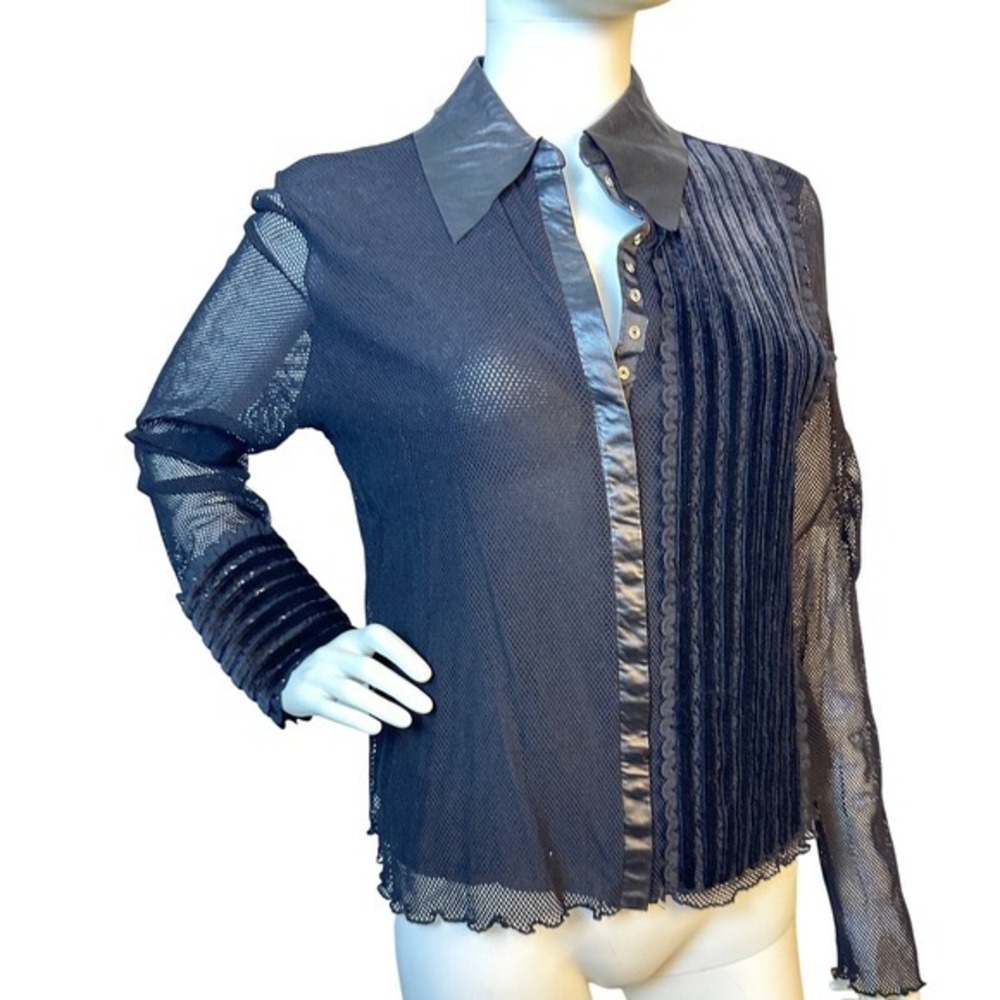 Isabel Black Mesh Velvet Trim Long Sleeve Top Button Down Leather Blouse‎ KC